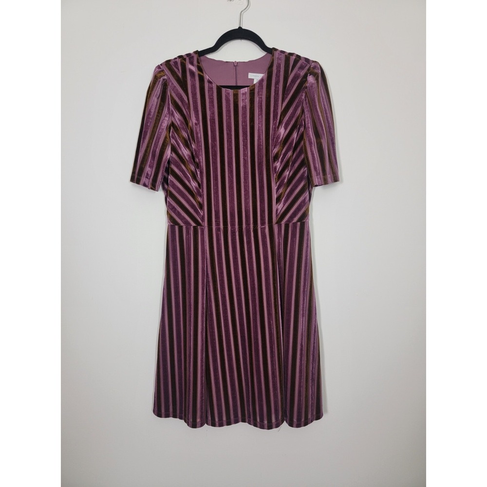 London Times Velvet Dress Women 8 Purple Brown Burnout Striped Retro Chic Y2K - Picture 1 of 9